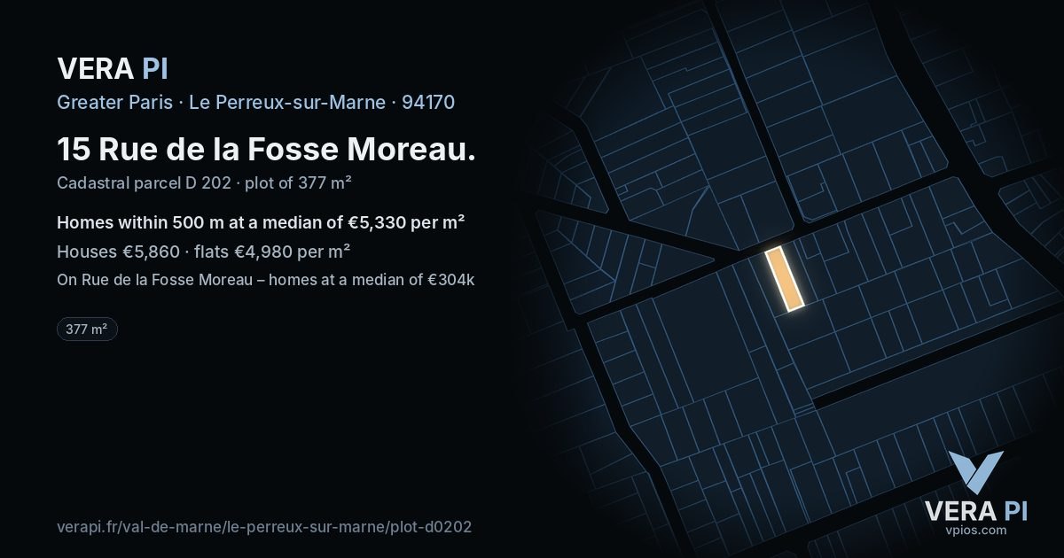 15 Rue de la Fosse Moreau, Le Perreux-sur-Marne at night – the plot lit, the parcels around coloured by the prices near them