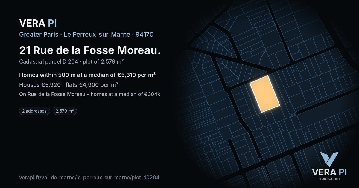 21 Rue de la Fosse Moreau, Le Perreux-sur-Marne at night – the plot lit, the parcels around coloured by the prices near them