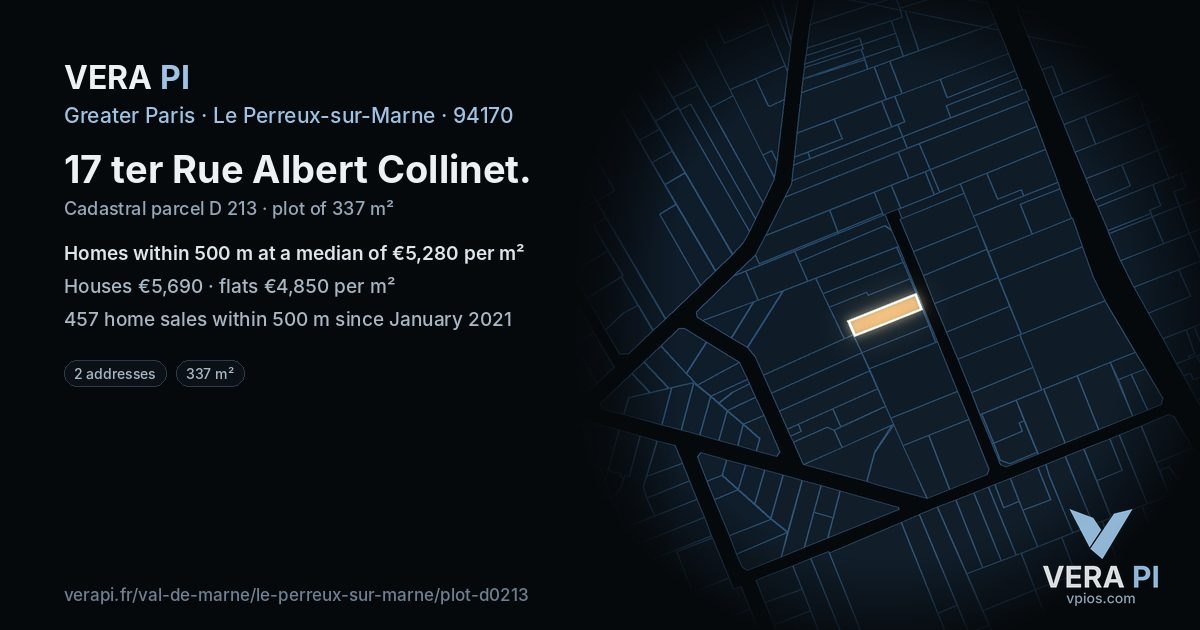 17 ter Rue Albert Collinet, Le Perreux-sur-Marne at night – the plot lit, the parcels around coloured by the prices near them