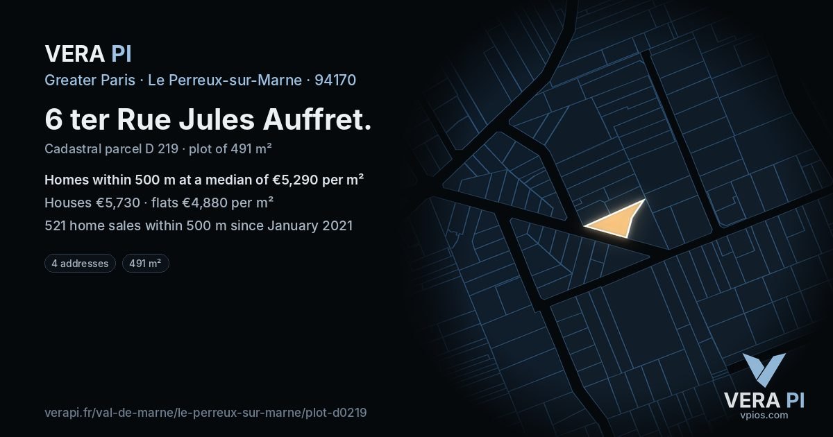 6 ter Rue Jules Auffret, Le Perreux-sur-Marne at night – the plot lit, the parcels around coloured by the prices near them