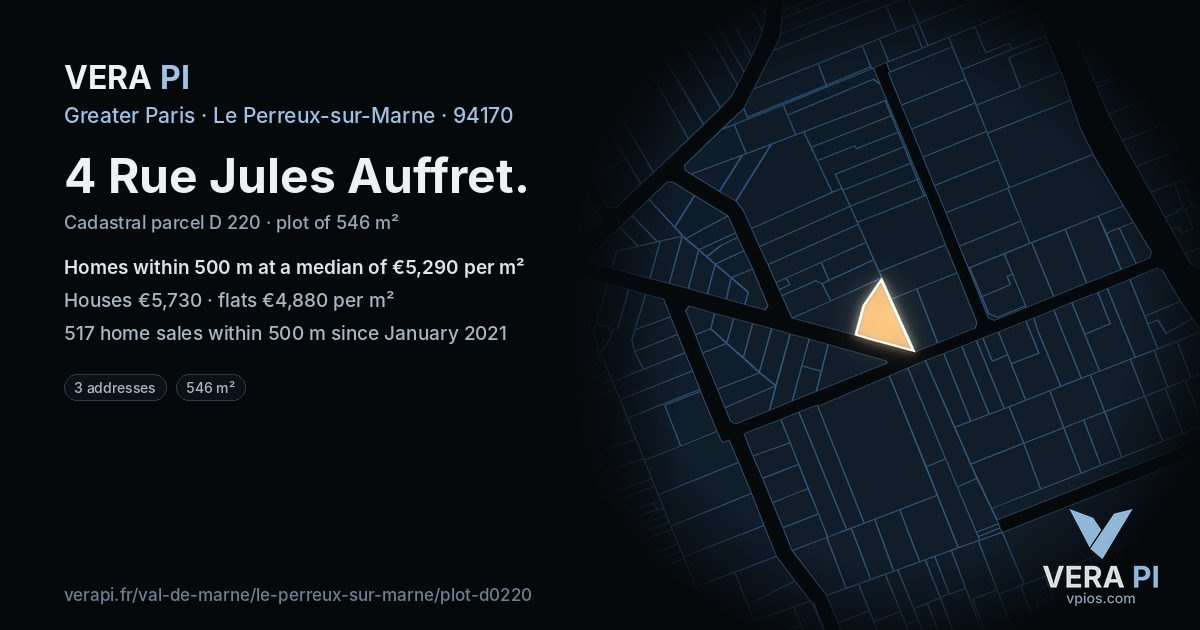 4 Rue Jules Auffret, Le Perreux-sur-Marne at night – the plot lit, the parcels around coloured by the prices near them