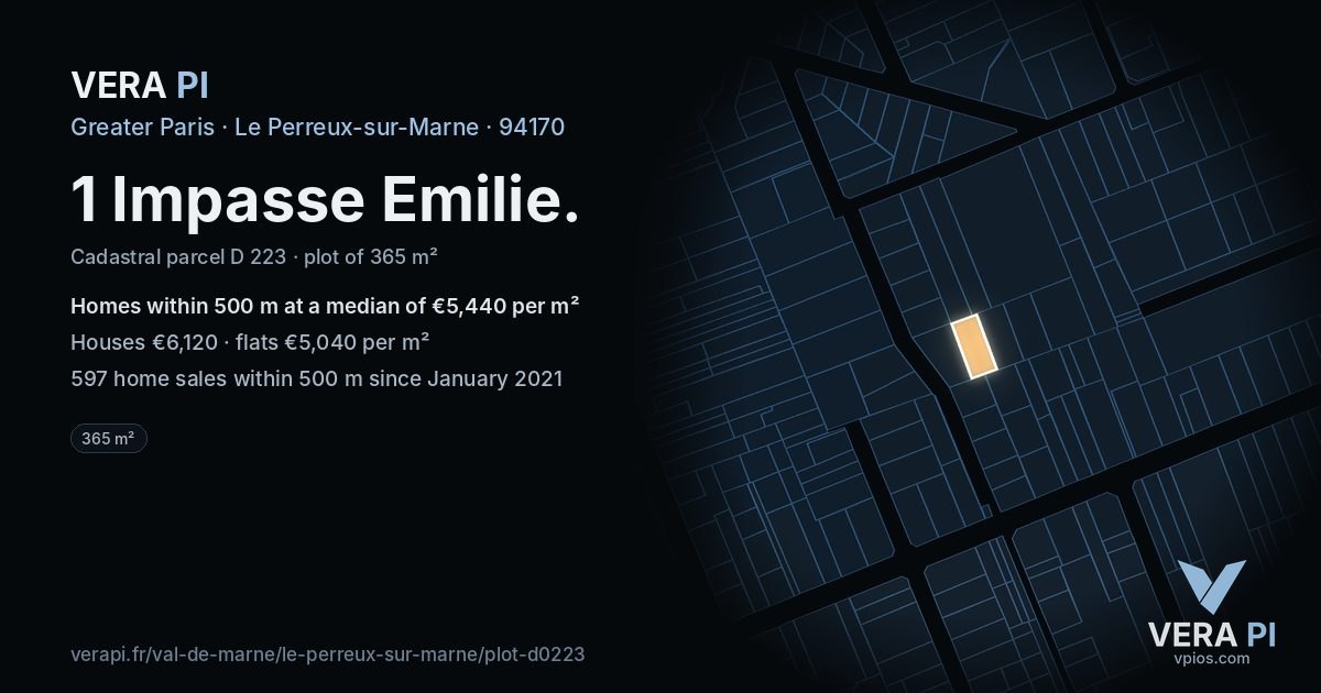1 Impasse Emilie, Le Perreux-sur-Marne at night – the plot lit, the parcels around coloured by the prices near them