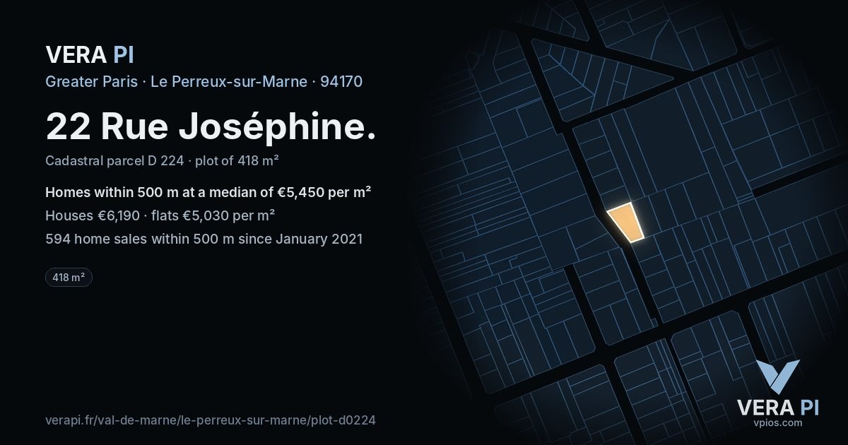 22 Rue Joséphine, Le Perreux-sur-Marne at night – the plot lit, the parcels around coloured by the prices near them
