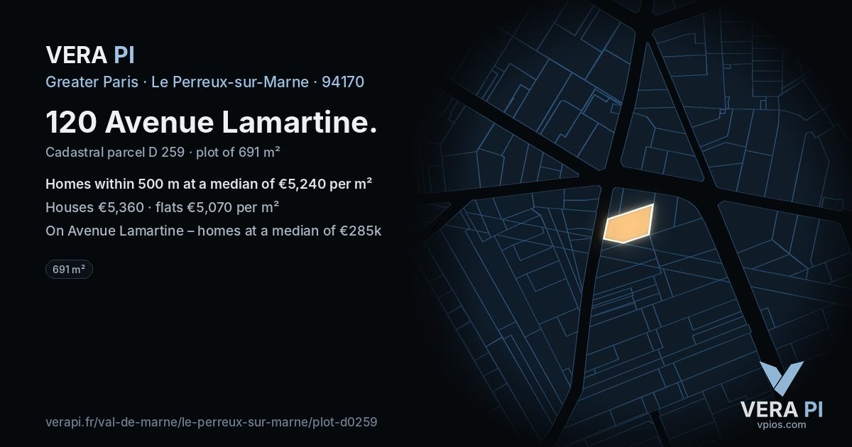 120 Avenue Lamartine, Le Perreux-sur-Marne at night – the plot lit, the parcels around coloured by the prices near them
