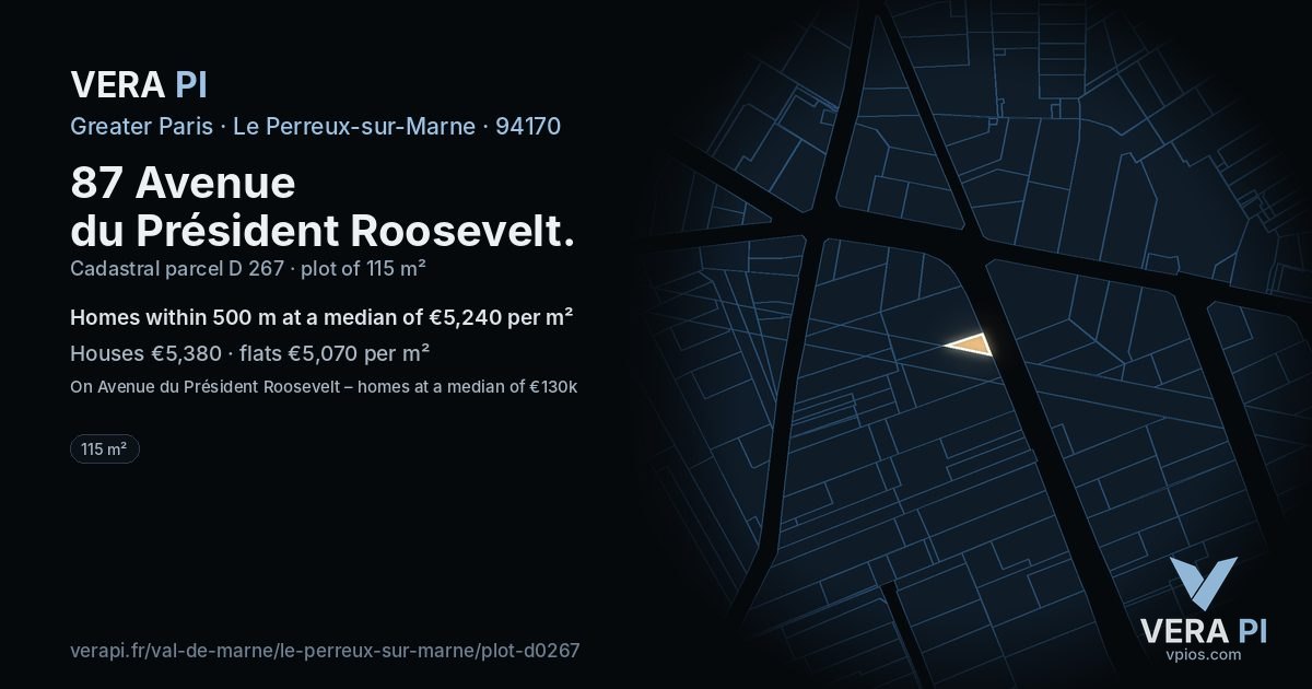87 Avenue du Président Roosevelt, Le Perreux-sur-Marne at night – the plot lit, the parcels around coloured by the prices near them