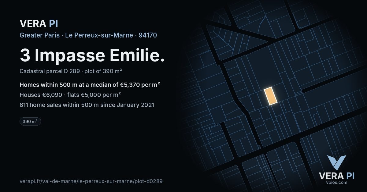 3 Impasse Emilie, Le Perreux-sur-Marne at night – the plot lit, the parcels around coloured by the prices near them