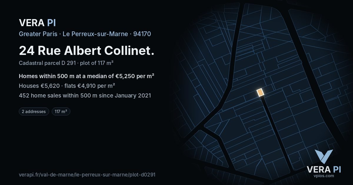 24 Rue Albert Collinet, Le Perreux-sur-Marne at night – the plot lit, the parcels around coloured by the prices near them