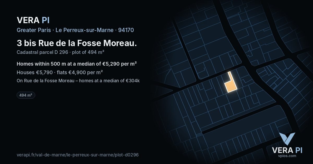 3 bis Rue de la Fosse Moreau, Le Perreux-sur-Marne at night – the plot lit, the parcels around coloured by the prices near them
