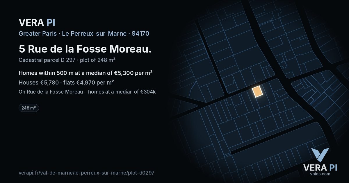 5 Rue de la Fosse Moreau, Le Perreux-sur-Marne at night – the plot lit, the parcels around coloured by the prices near them