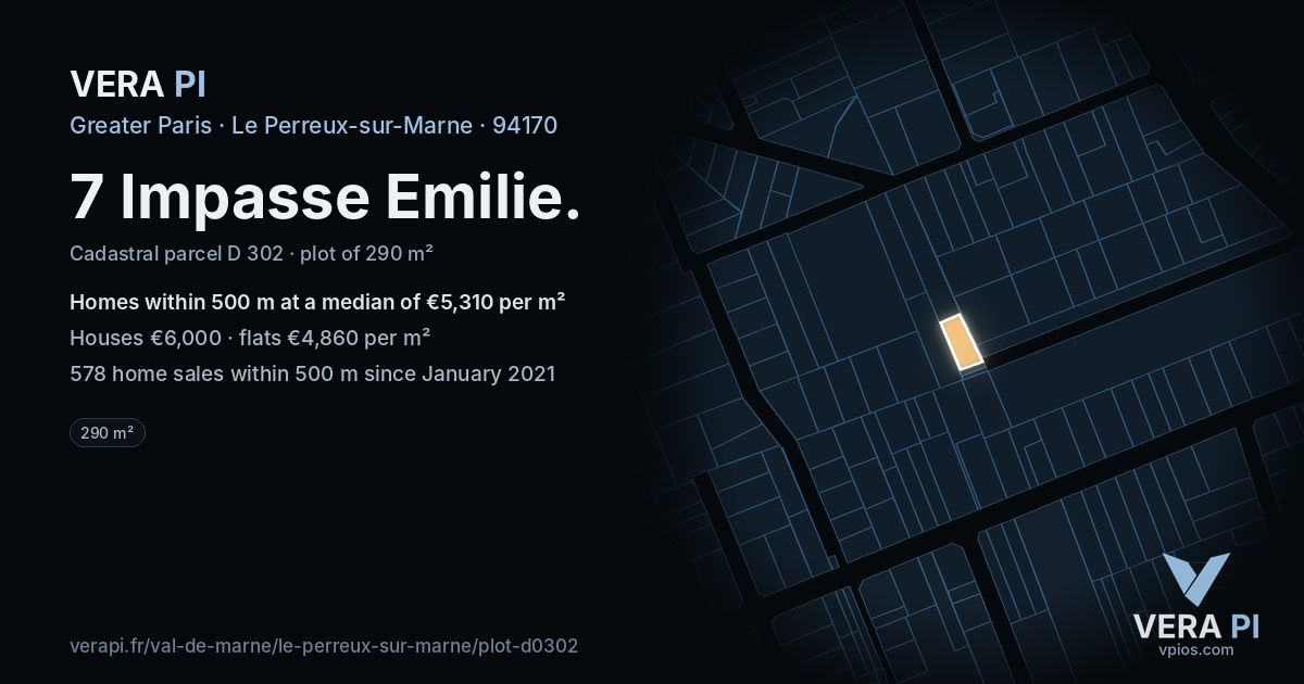7 Impasse Emilie, Le Perreux-sur-Marne at night – the plot lit, the parcels around coloured by the prices near them