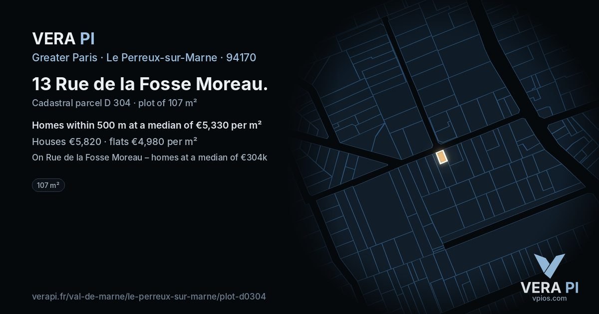13 Rue de la Fosse Moreau, Le Perreux-sur-Marne at night – the plot lit, the parcels around coloured by the prices near them