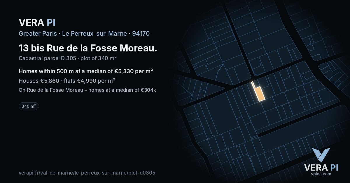 13 bis Rue de la Fosse Moreau, Le Perreux-sur-Marne at night – the plot lit, the parcels around coloured by the prices near them