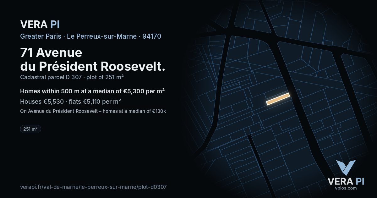 71 Avenue du Président Roosevelt, Le Perreux-sur-Marne at night – the plot lit, the parcels around coloured by the prices near them