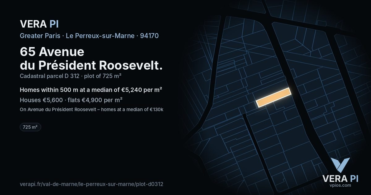 65 Avenue du Président Roosevelt, Le Perreux-sur-Marne at night – the plot lit, the parcels around coloured by the prices near them