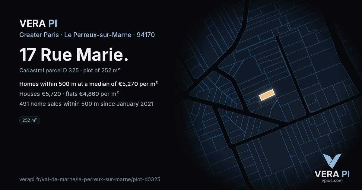 17 Rue Marie, Le Perreux-sur-Marne at night – the plot lit, the parcels around coloured by the prices near them