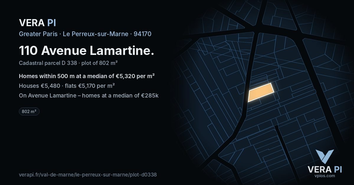110 Avenue Lamartine, Le Perreux-sur-Marne at night – the plot lit, the parcels around coloured by the prices near them