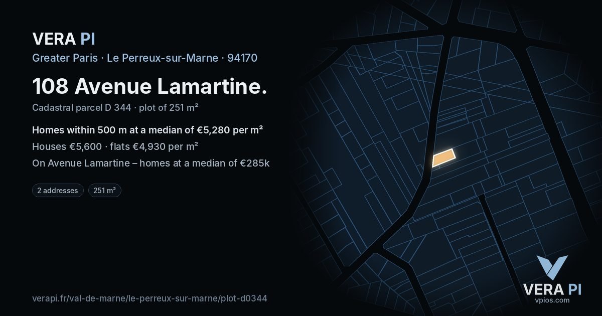 108 Avenue Lamartine, Le Perreux-sur-Marne at night – the plot lit, the parcels around coloured by the prices near them