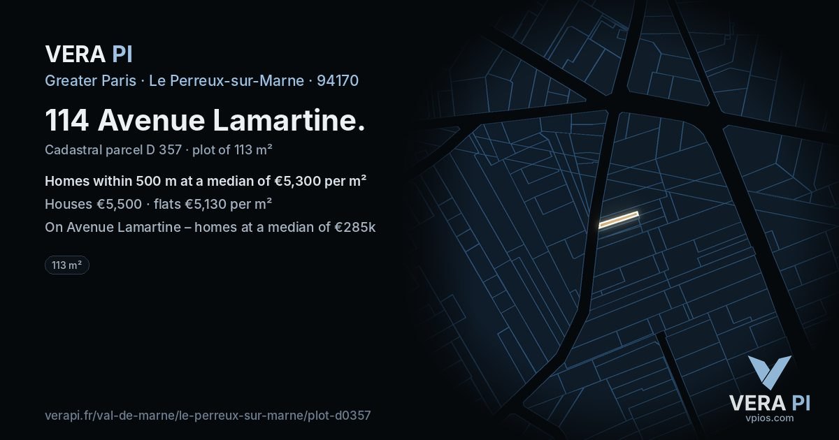 114 Avenue Lamartine, Le Perreux-sur-Marne at night – the plot lit, the parcels around coloured by the prices near them