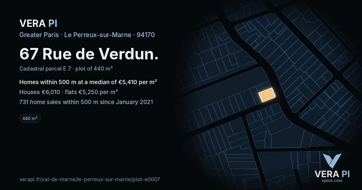 67 Rue de Verdun, Le Perreux-sur-Marne at night – the plot lit, the parcels around coloured by the prices near them