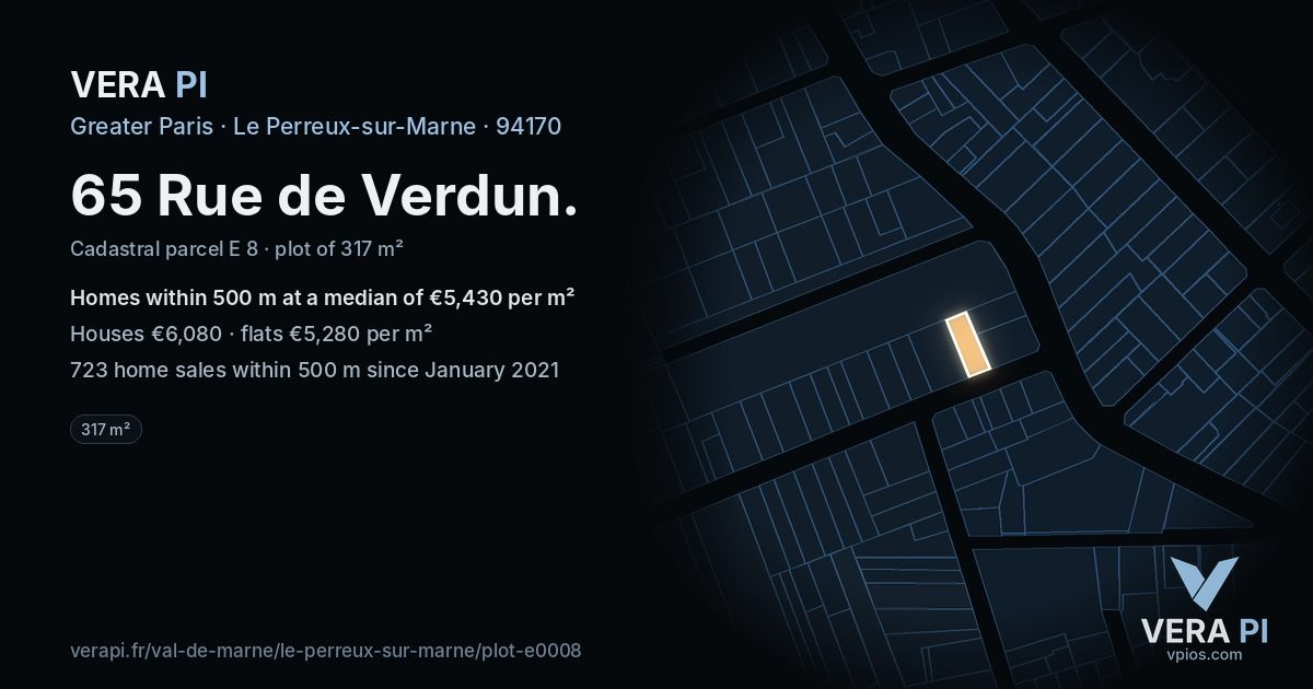 65 Rue de Verdun, Le Perreux-sur-Marne at night – the plot lit, the parcels around coloured by the prices near them