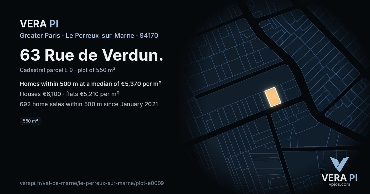 63 Rue de Verdun, Le Perreux-sur-Marne at night – the plot lit, the parcels around coloured by the prices near them