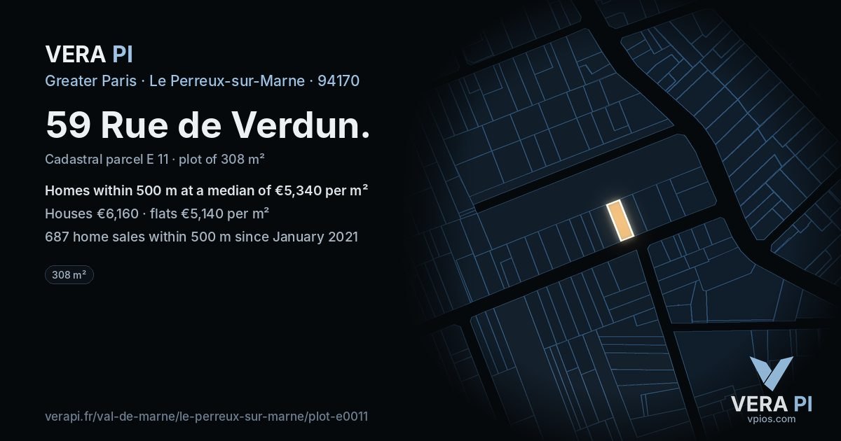 59 Rue de Verdun, Le Perreux-sur-Marne at night – the plot lit, the parcels around coloured by the prices near them