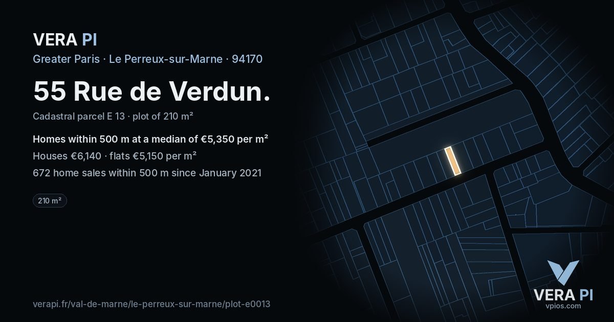 55 Rue de Verdun, Le Perreux-sur-Marne at night – the plot lit, the parcels around coloured by the prices near them