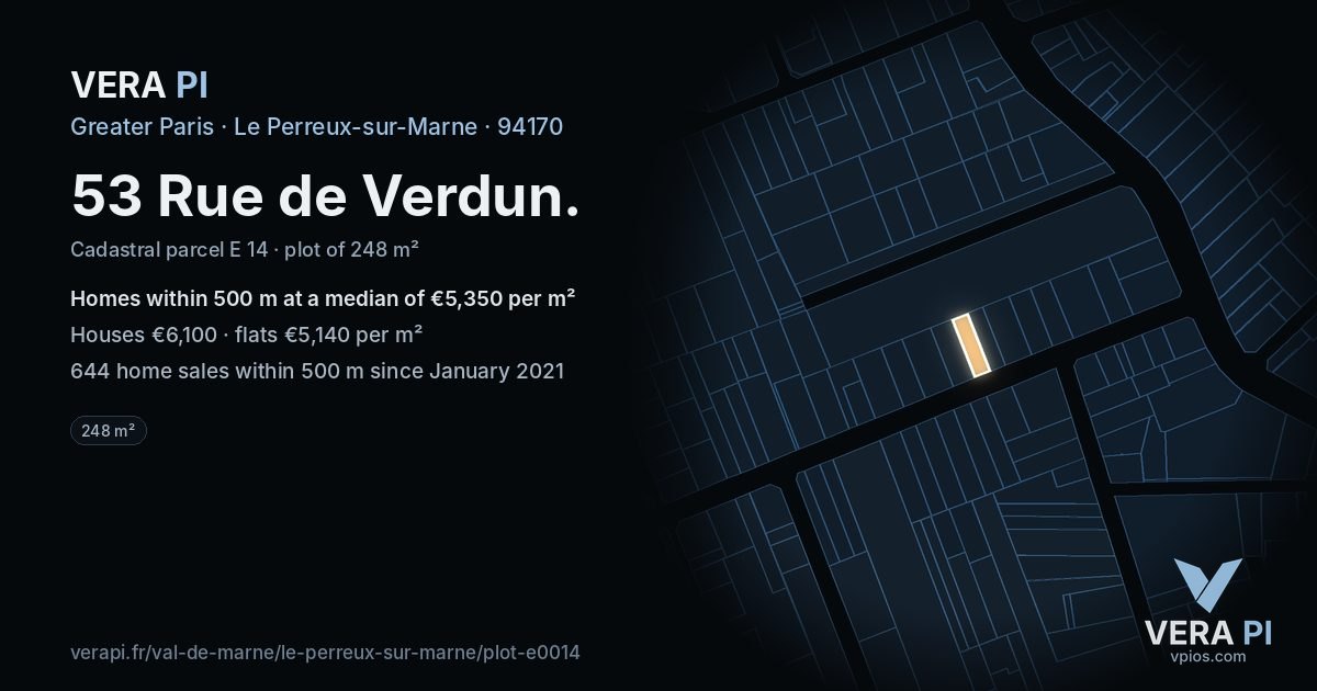 53 Rue de Verdun, Le Perreux-sur-Marne at night – the plot lit, the parcels around coloured by the prices near them