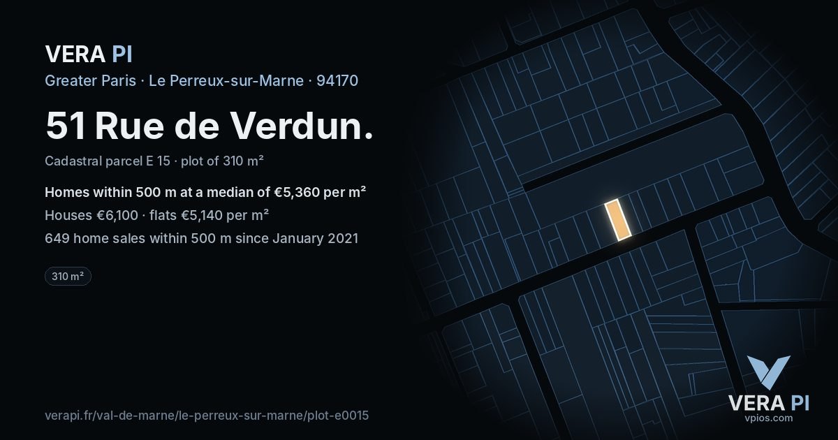 51 Rue de Verdun, Le Perreux-sur-Marne at night – the plot lit, the parcels around coloured by the prices near them