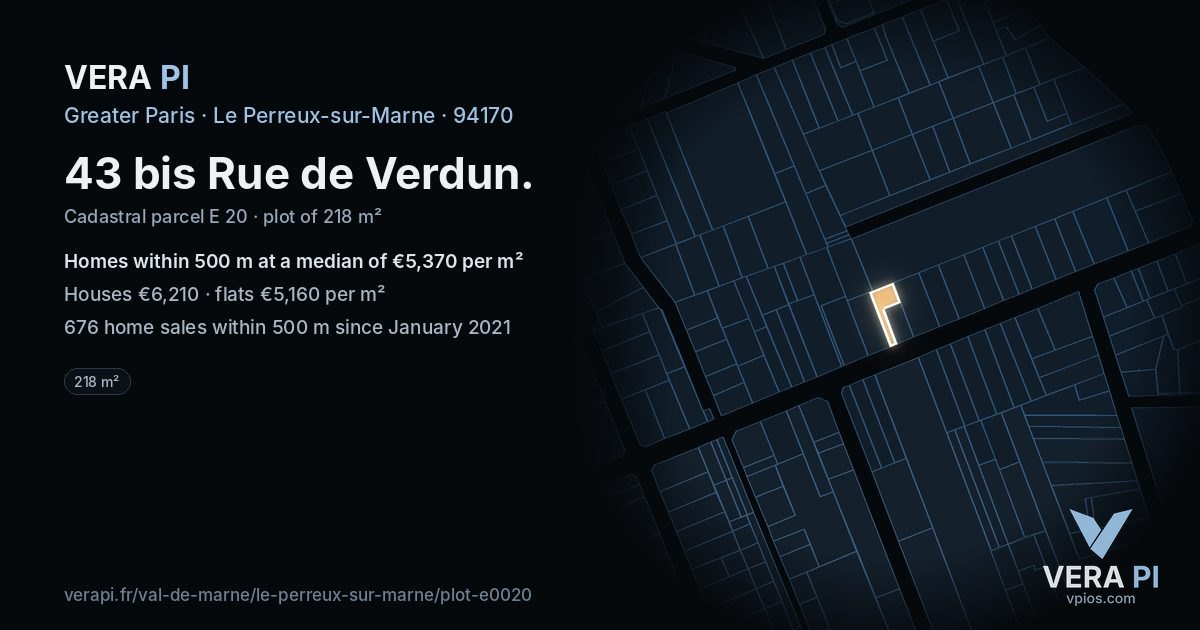 43 bis Rue de Verdun, Le Perreux-sur-Marne at night – the plot lit, the parcels around coloured by the prices near them