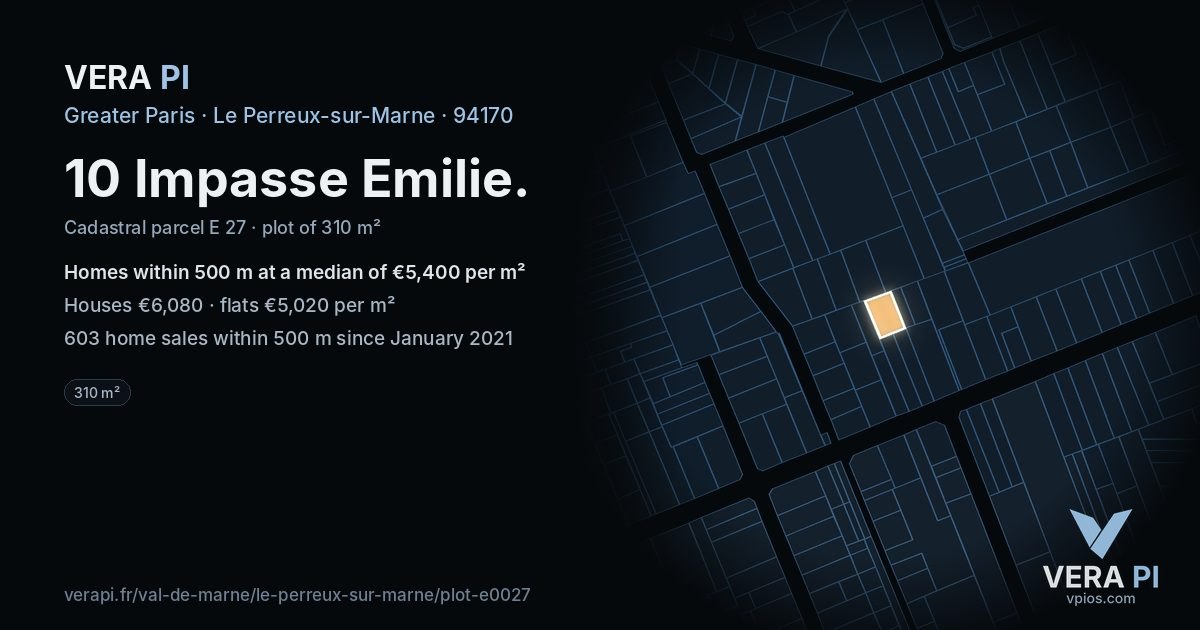 10 Impasse Emilie, Le Perreux-sur-Marne at night – the plot lit, the parcels around coloured by the prices near them