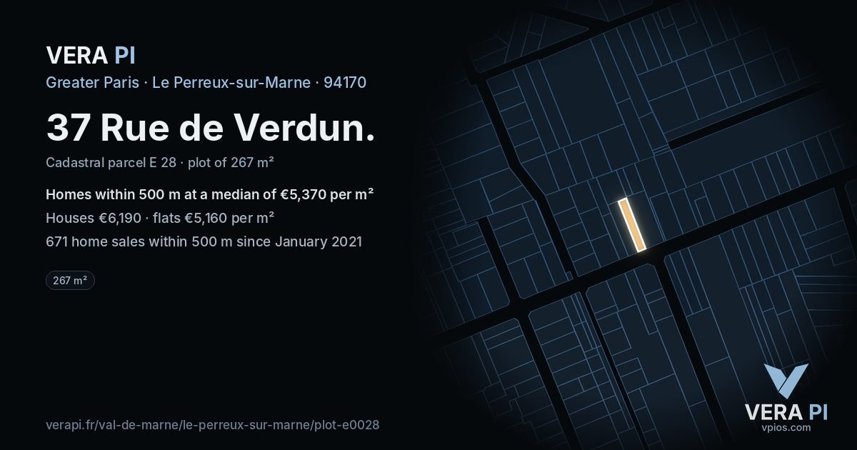 37 Rue de Verdun, Le Perreux-sur-Marne at night – the plot lit, the parcels around coloured by the prices near them
