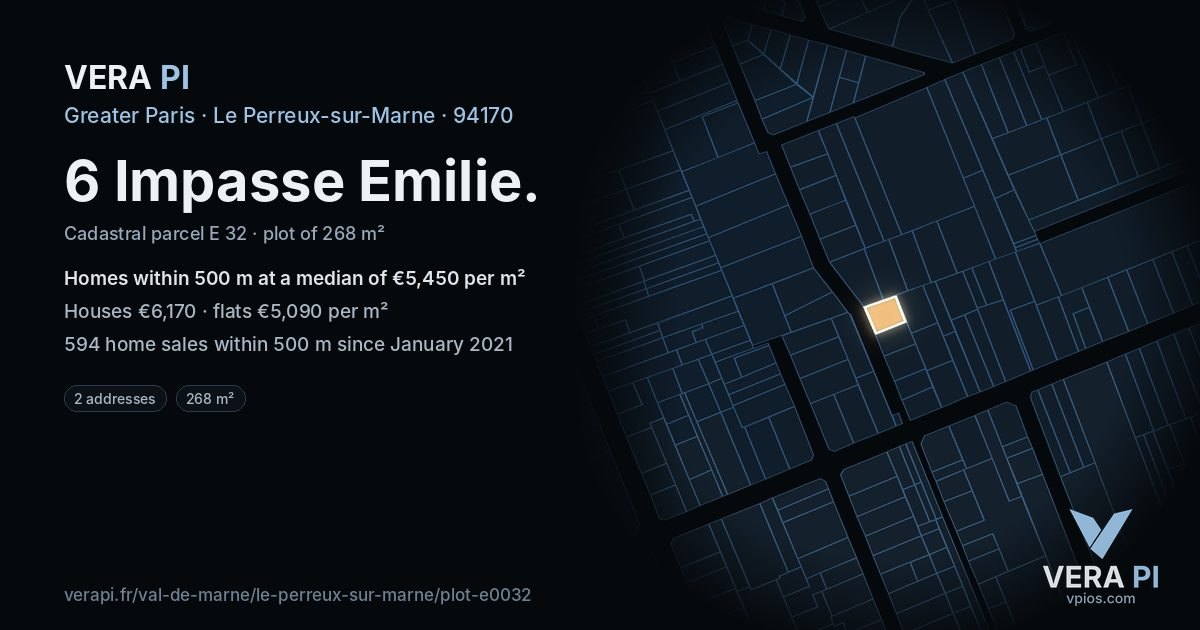 6 Impasse Emilie, Le Perreux-sur-Marne at night – the plot lit, the parcels around coloured by the prices near them