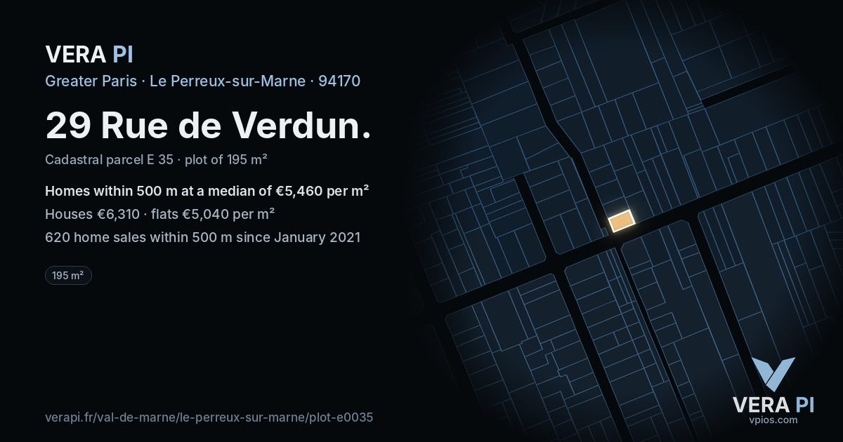 29 Rue de Verdun, Le Perreux-sur-Marne at night – the plot lit, the parcels around coloured by the prices near them