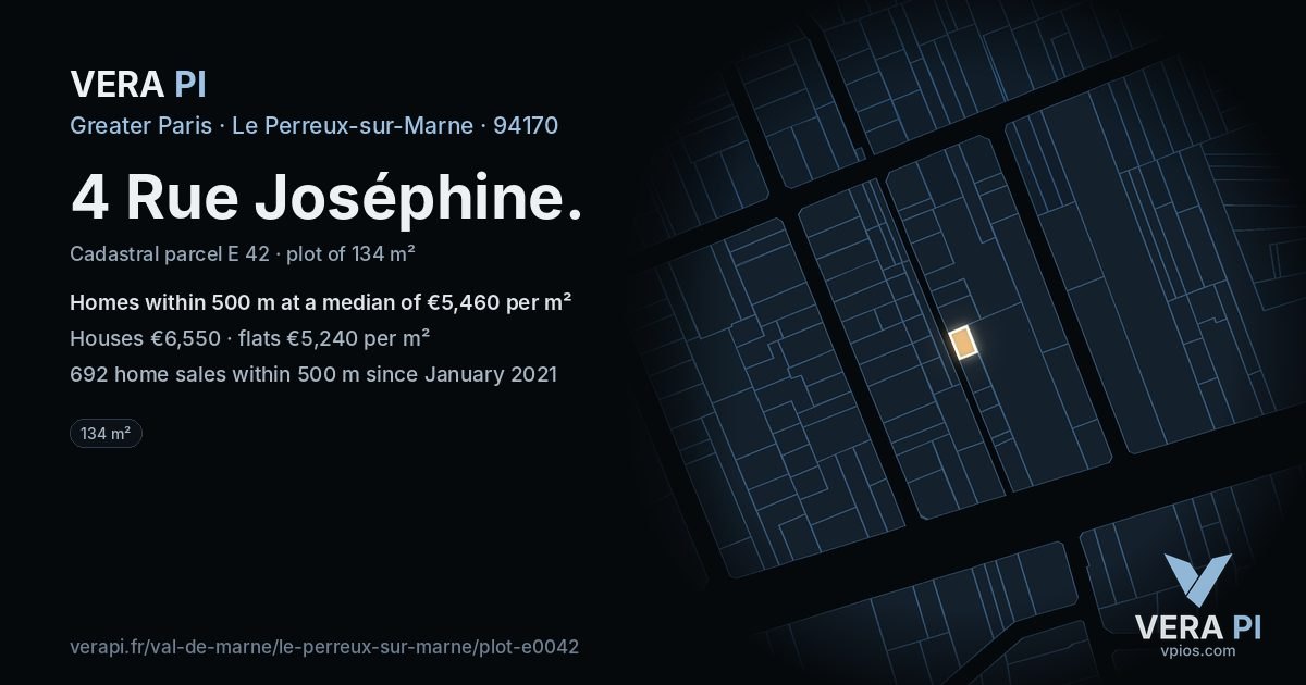 4 Rue Joséphine, Le Perreux-sur-Marne at night – the plot lit, the parcels around coloured by the prices near them