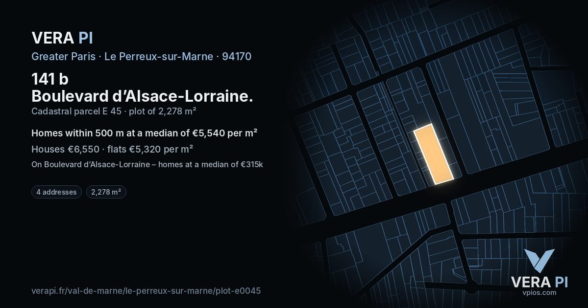 141 b Boulevard d’Alsace-Lorraine, Le Perreux-sur-Marne at night – the plot lit, the parcels around coloured by the prices near them