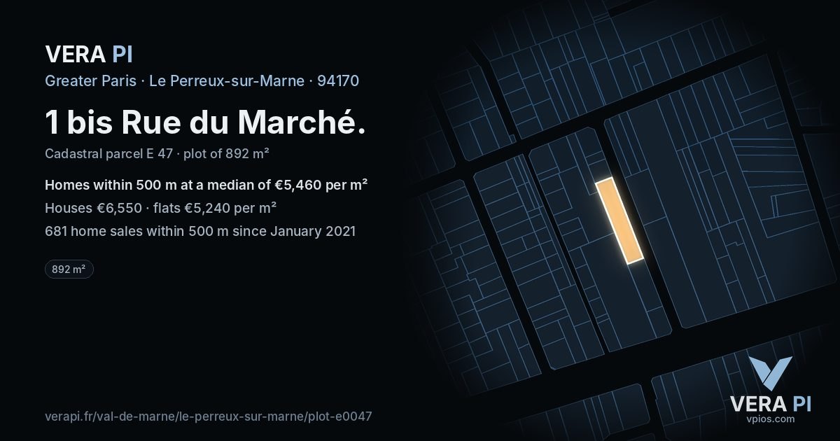 1 bis Rue du Marché, Le Perreux-sur-Marne at night – the plot lit, the parcels around coloured by the prices near them