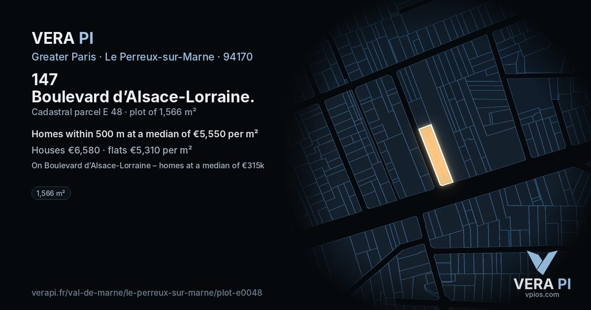 147 Boulevard d’Alsace-Lorraine, Le Perreux-sur-Marne at night – the plot lit, the parcels around coloured by the prices near them