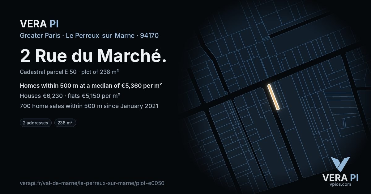 2 Rue du Marché, Le Perreux-sur-Marne at night – the plot lit, the parcels around coloured by the prices near them