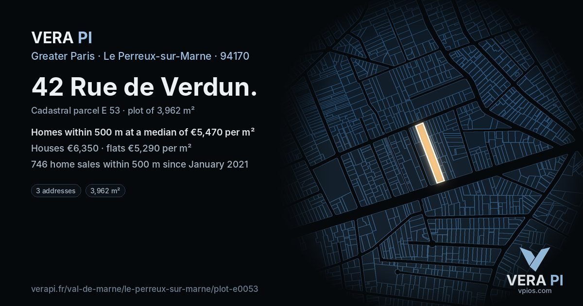 42 Rue de Verdun, Le Perreux-sur-Marne at night – the plot lit, the parcels around coloured by the prices near them