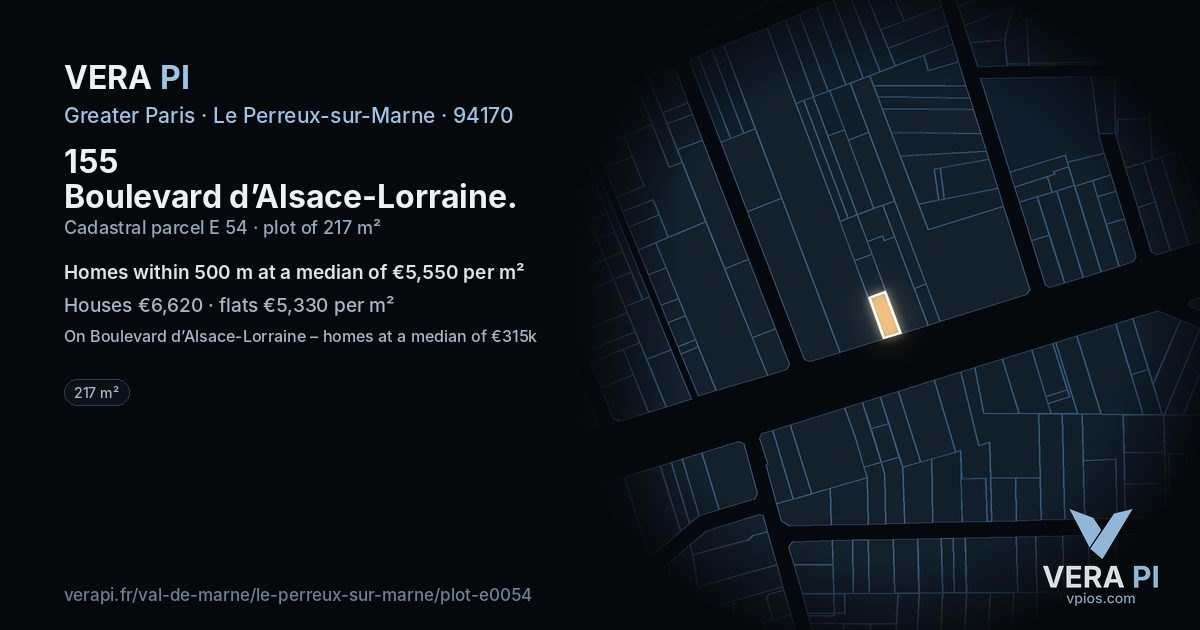 155 Boulevard d’Alsace-Lorraine, Le Perreux-sur-Marne at night – the plot lit, the parcels around coloured by the prices near them