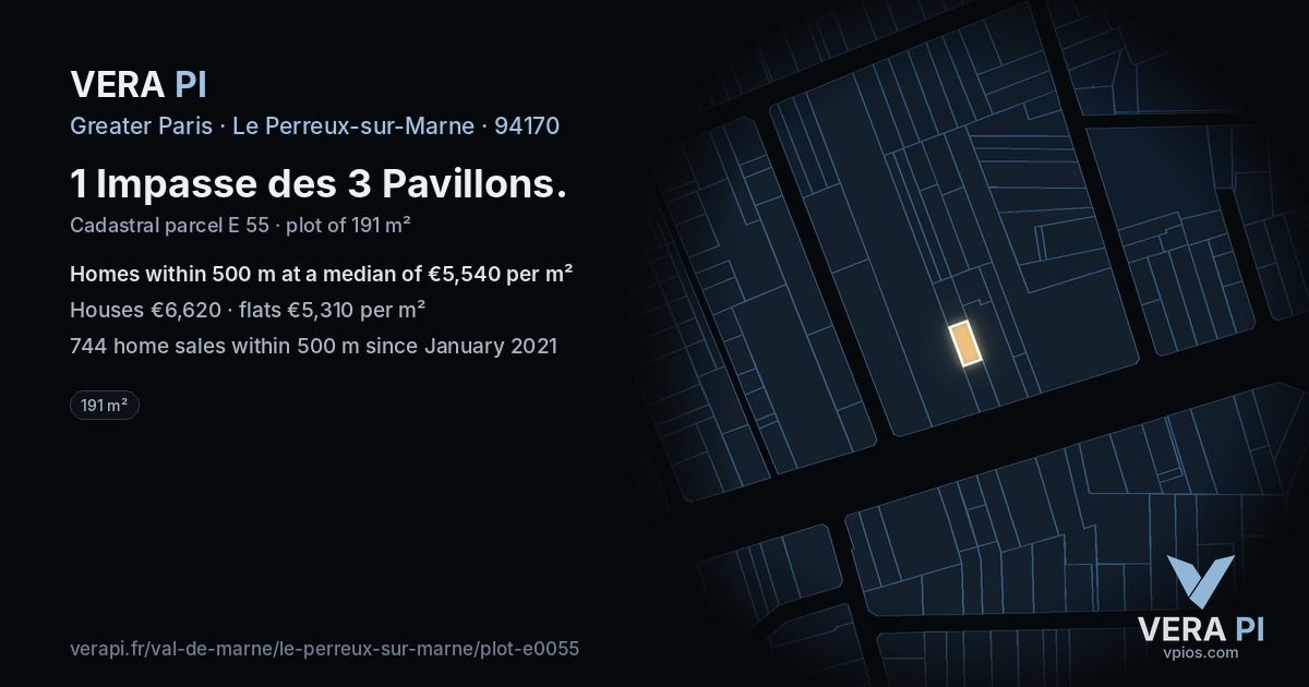 1 Impasse des 3 Pavillons, Le Perreux-sur-Marne at night – the plot lit, the parcels around coloured by the prices near them