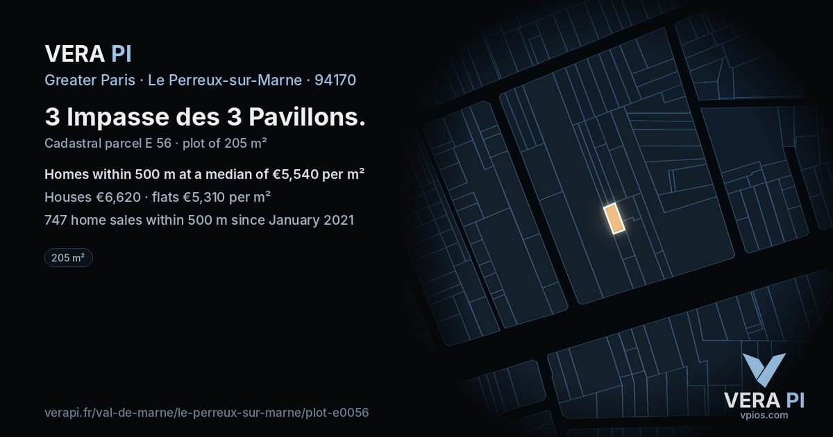 3 Impasse des 3 Pavillons, Le Perreux-sur-Marne at night – the plot lit, the parcels around coloured by the prices near them