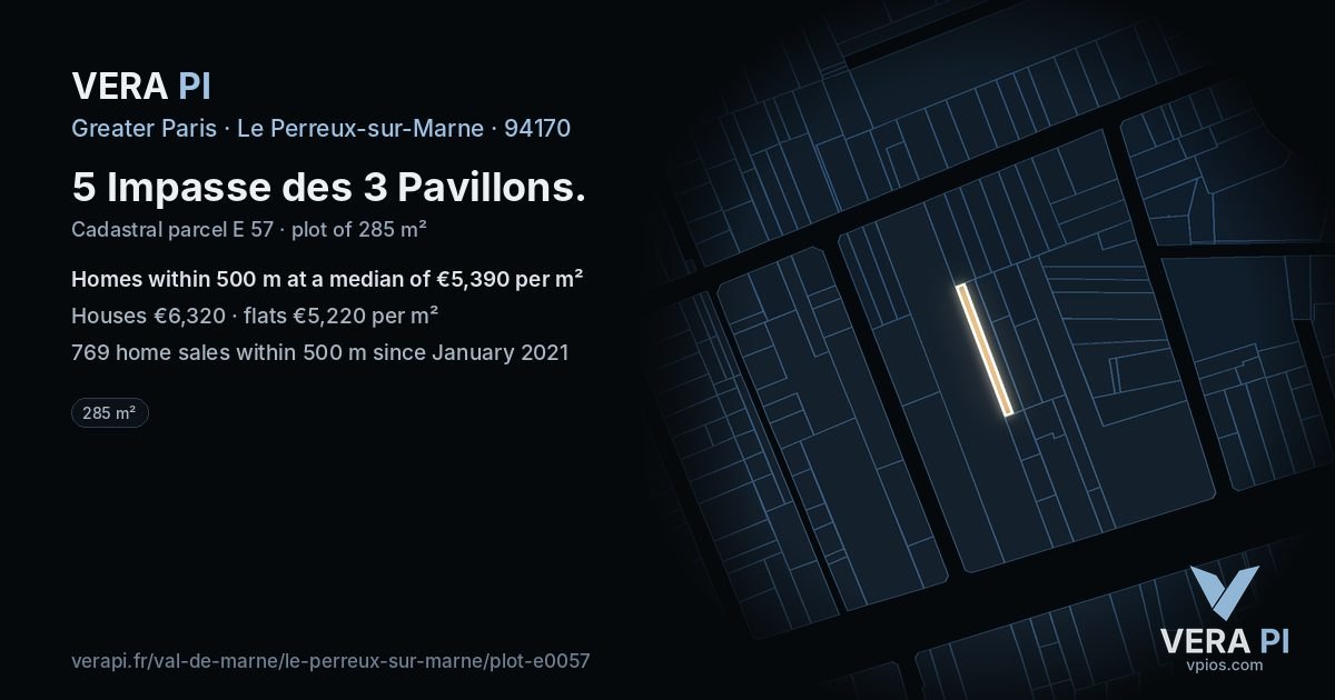 5 Impasse des 3 Pavillons, Le Perreux-sur-Marne at night – the plot lit, the parcels around coloured by the prices near them