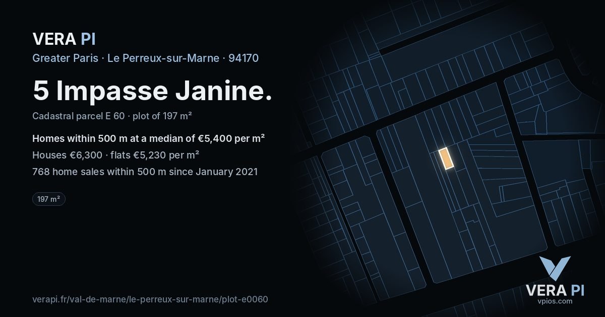 5 Impasse Janine, Le Perreux-sur-Marne at night – the plot lit, the parcels around coloured by the prices near them