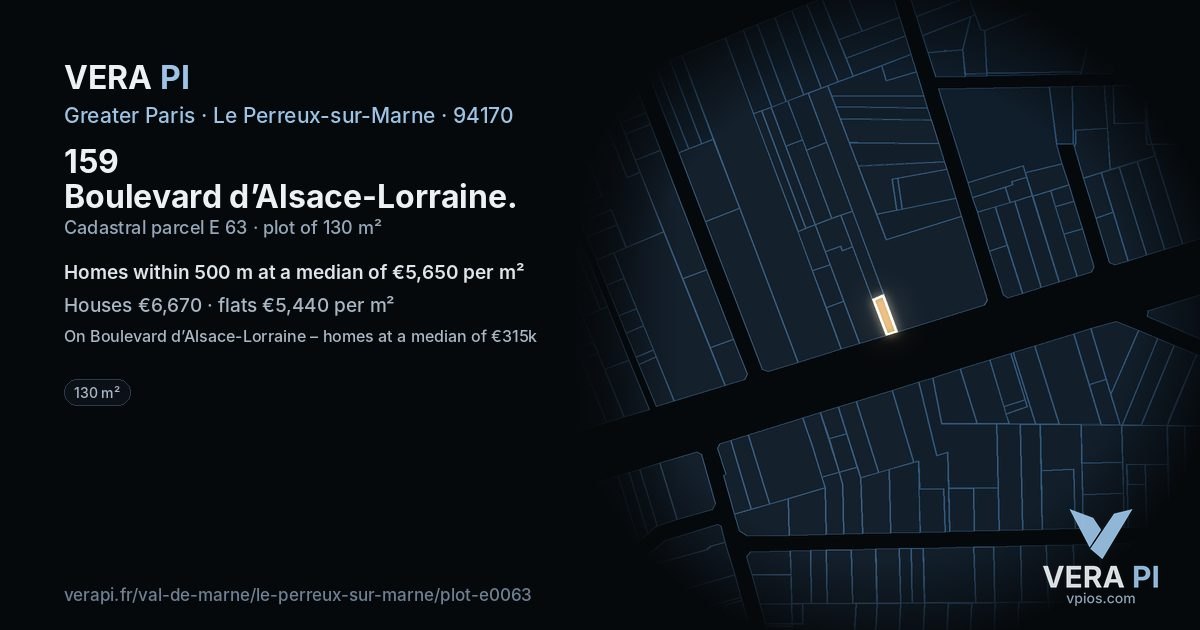 159 Boulevard d’Alsace-Lorraine, Le Perreux-sur-Marne at night – the plot lit, the parcels around coloured by the prices near them