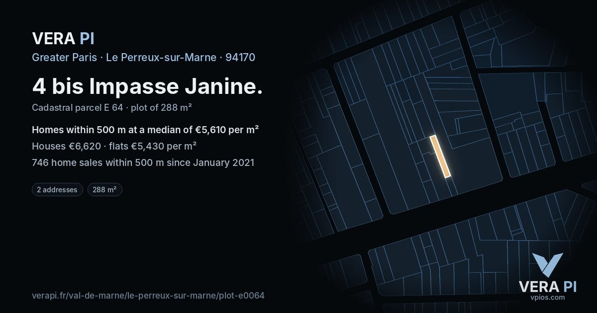4 bis Impasse Janine, Le Perreux-sur-Marne at night – the plot lit, the parcels around coloured by the prices near them