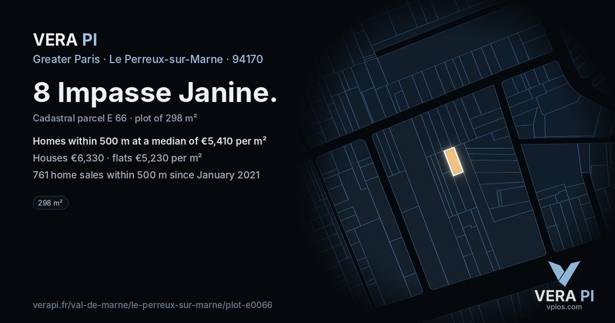 8 Impasse Janine, Le Perreux-sur-Marne at night – the plot lit, the parcels around coloured by the prices near them