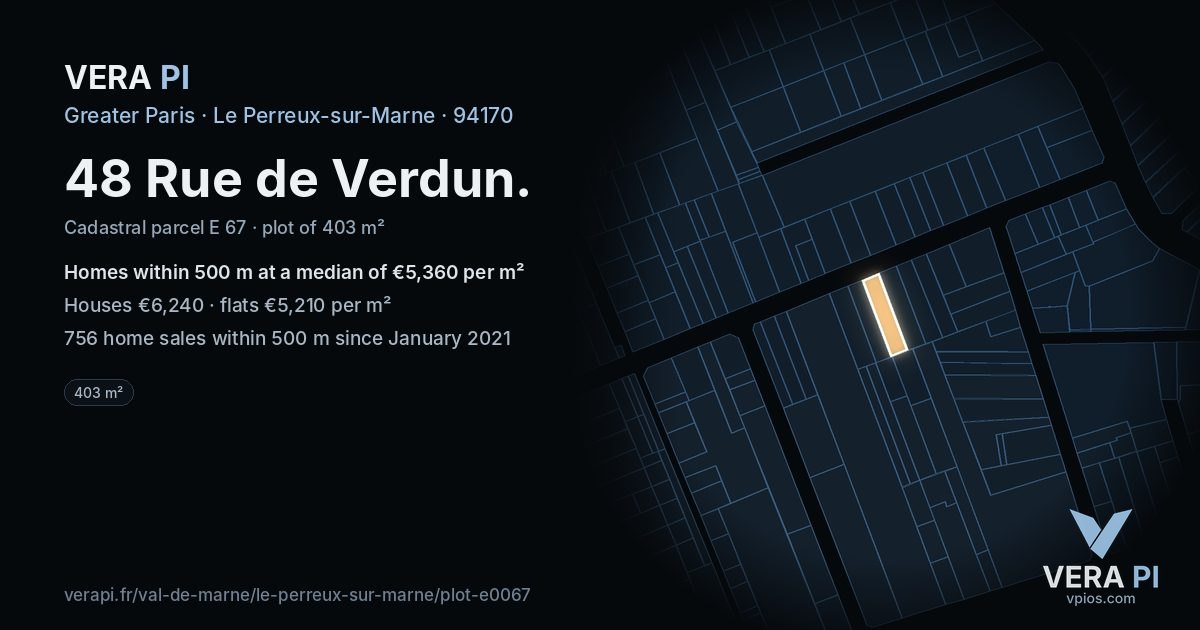 48 Rue de Verdun, Le Perreux-sur-Marne at night – the plot lit, the parcels around coloured by the prices near them