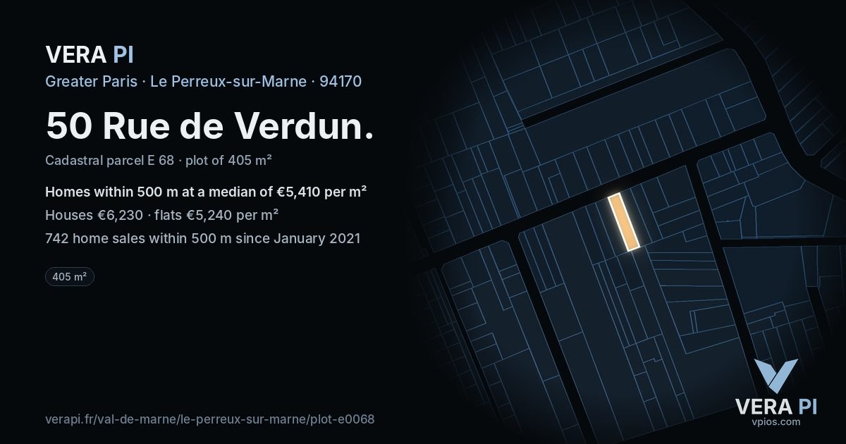 50 Rue de Verdun, Le Perreux-sur-Marne at night – the plot lit, the parcels around coloured by the prices near them